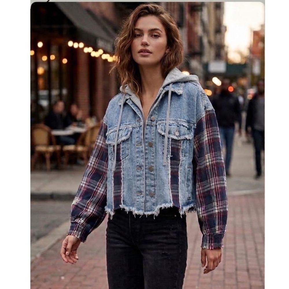 Oli & Hali Plaid Patchwork Hooded Denim Jacket S Oversized Y2K Boho Artsy Alt